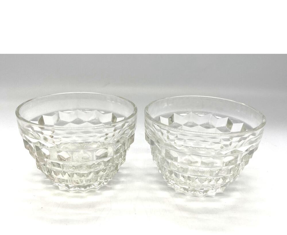 Vintage MCM Jeanette Glass Clear Cubist Set of 2 Custard Cups 3.5" Wide